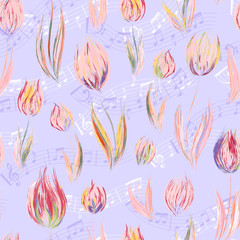 Bright seamless pattern with oil painted pastel blue pink tulip flowers end notes