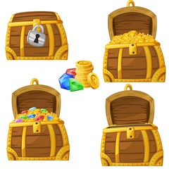 Illustration of cartoon chest locked, open and full of gold and jewels. Vector 2d asset for games.