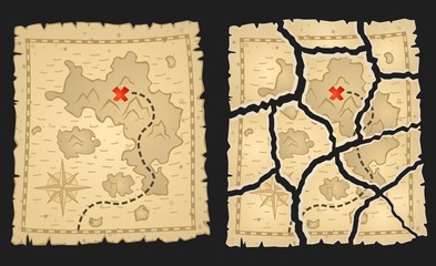 Treasure pirates map on aged parchment. Vector illustration. Whole and torn variants for game quests.
