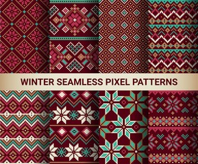 Collection of pixel bright seamless patterns with stylized winte