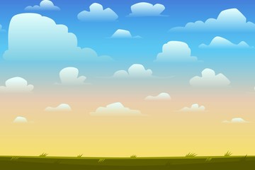 Cartoon nature seamless horizontal landscape with a beautiful evening or morning sunset sky and clouds. Vector illustration.