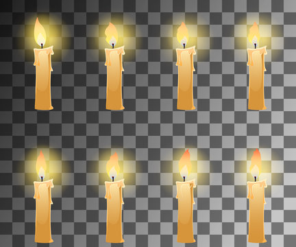 Cartoon candle with fire animation on transparent background with dancing halo. Vector illustration for 2d games.