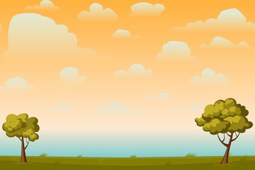 Cartoon nature seamless horizontal landscape with a tree and beautiful evening or morning sunset sky and clouds. Vector illustration.
