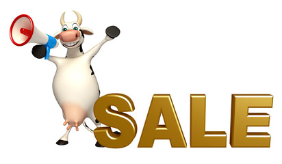 fun Cow cartoon character with loudspeaker and sale sign