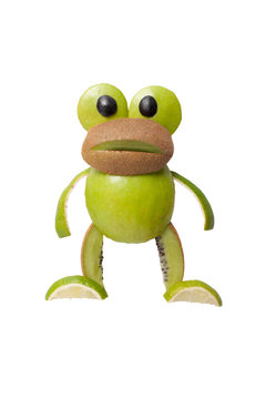 Surprised frog made of apple and kiwi on isolated background