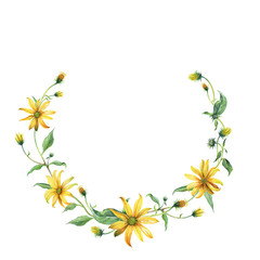 Fototapeta na wymiar Watercolor wreath or garland. Yellow daisies with green leaves on white background. Can be used as invitation or greeting card, print, your banner.