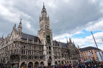 MUNICH, GERMANY - MAY 4, 2016: Panorama of Marienplatz in Munich, Germany. Marienplatz is a central square in Munich and has been the city's main square since 1158