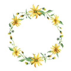 Watercolor wreath or garland. Yellow daisies with green leaves on white background. Can be used as invitation or greeting card, print, your banner.
