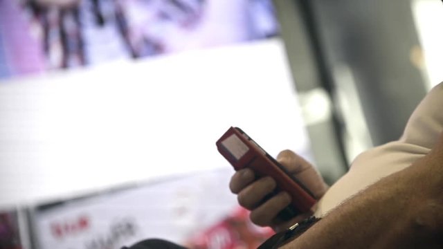 Unknown Old Fat western male use smartphone with touch screen to chat and contact people full HD