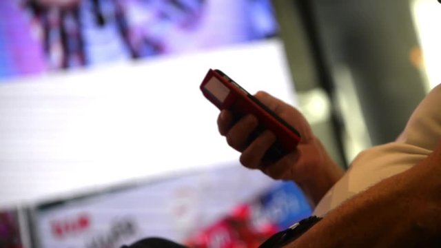 Unknown Old Fat western male use smartphone with touch screen to chat and contact people full HD