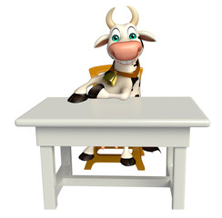 cute Cow cartoon character with table and chair