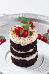 Mini chocolate cake with butter cream decorated cherries on a white plate, naked cake, brownie. Close up, selective focus, text space