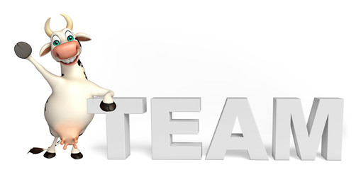 Cow cartoon character with team sign