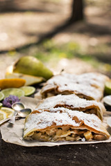 pie, strudel with pear and lemon. Cup of coffee. .Picnic, Breakfast in nature. Food in nature.