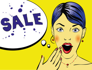 Surprised woman poster with Sale word