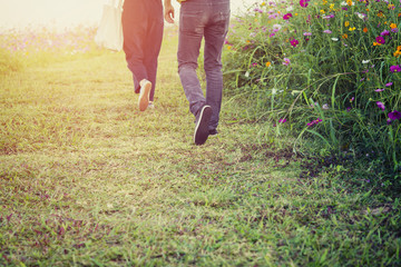 Young couple walking in the cosmos field