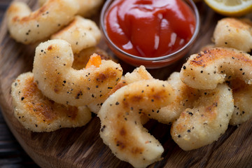 Close-up of panko breaded king shrimps, selective focus