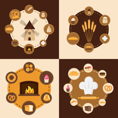 Flat design infographic style. Set of different kinds of bread, sweet pastries and bakery products
