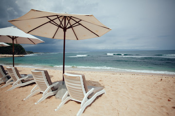 chairs and white umbrella on the beach. Banner.Summer.Travel,Vac