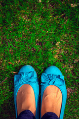 Foot standing on the Grass seen from Above, Free Space for Text