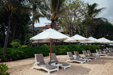 chairs and white umbrella on the beach. Banner.Summer.Travel,Vac