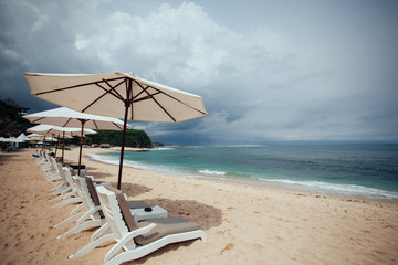 chairs and white umbrella on the beach. Banner.Summer.Travel,Vac