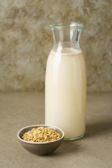 Fresh homemade oat milk in a bottle with oats