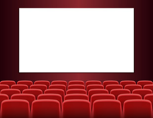 Rows of red seats in front of white blank screen