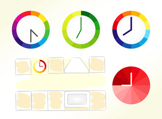 Clock design ideas. Set of clock vector icons and kitchen schematic picture.