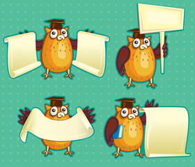 Wise owls with blank sign copy space for own text