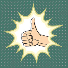 Thumbs up gesture (like symbol). Hand sign with pop explosion