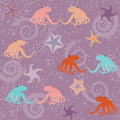 Seamless pattern with octopuses and stars