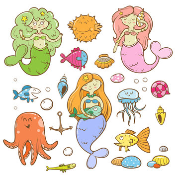 Cartoon marine set. Cute sea  animals: octopus, jellyfish, fish and mermaids. Underwater world. Children's illustration.