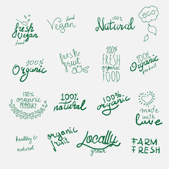 Labels with vegetarian and raw food diet designs. Hand drawn. Vector illustrated.