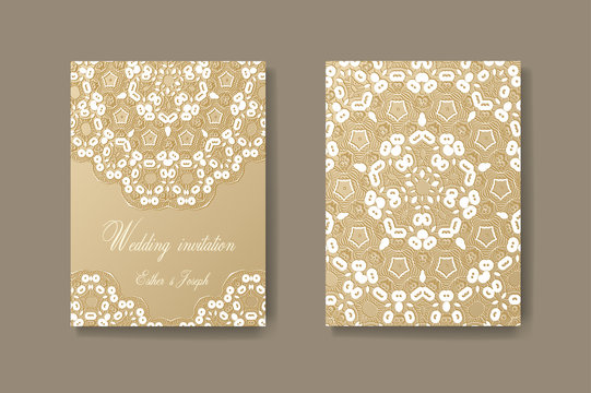 Wedding invitation decorated with white lace, vector background divider, header, ornamental frame template. Flyer layout.
