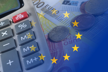 euro banknotes, coins, calculator, eu flag