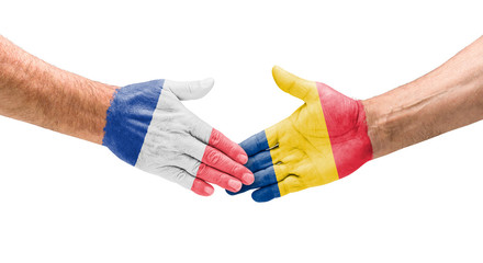 Fußballmannschaften - Handshake zwischen Frankreich und Rumäni