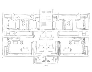 3d freehand sketch illustration of furnished apartment: room, bathroom, bedroom, kitchen, living-room, hall, entrance, door, window, balcony