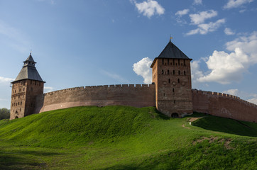 Walls, Palace and Spasskaya tower of Kremlin. Veliky Novgorod, Russia