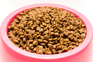 dry cat food in pink bowl isolated on white