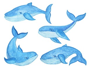 Fototapeta premium Watercolor seamless pattern with blue whale, cartoon style