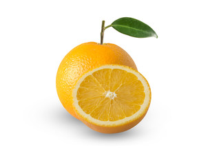 sliced orange fruit with leaves isolated on white background