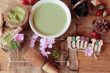 Fototapeta na wymiar Japanese matcha green tea and green tea powder.