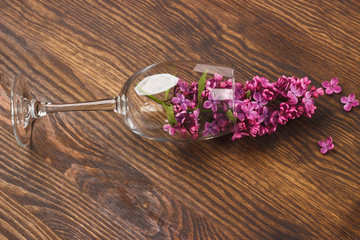 Wineglass with violet lilacs