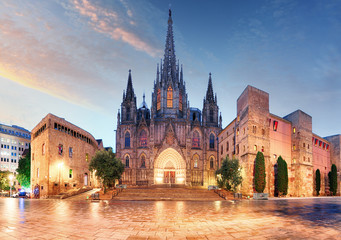 Gothic Barcelona Cathedral at night, Spain - obrazy, fototapety, plakaty