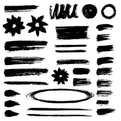 Set Of Black Hand-Drawn Grunge Elements And Flowers