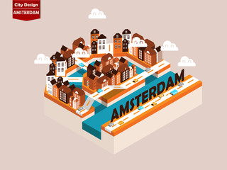 Obraz premium piękny izometryczny styl koncepcji projektu izometrycznego miasta Amsterdam, Holandia, punkt orientacyjny Amsterdamu