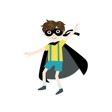 Kid In Superhero Costume With Black Cape