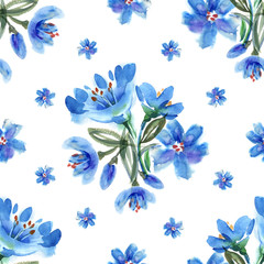 Watercolor Blue Flowers Seamless Pattern