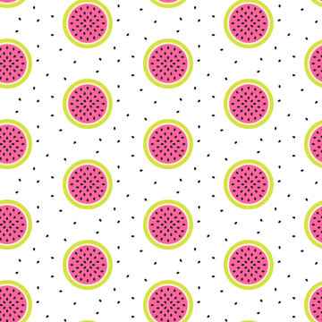 Watermelon half slices seamless pink pattern on white with seeds. Juicy summer fruit pattern.